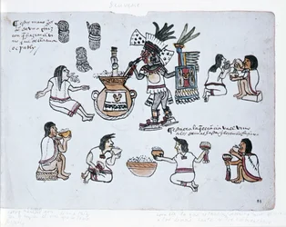 Deidade de pulque asteca soprando em um tubo acima de um pote de pulque e homens bebendo pulque, ilustração do Codex Magliabechiano